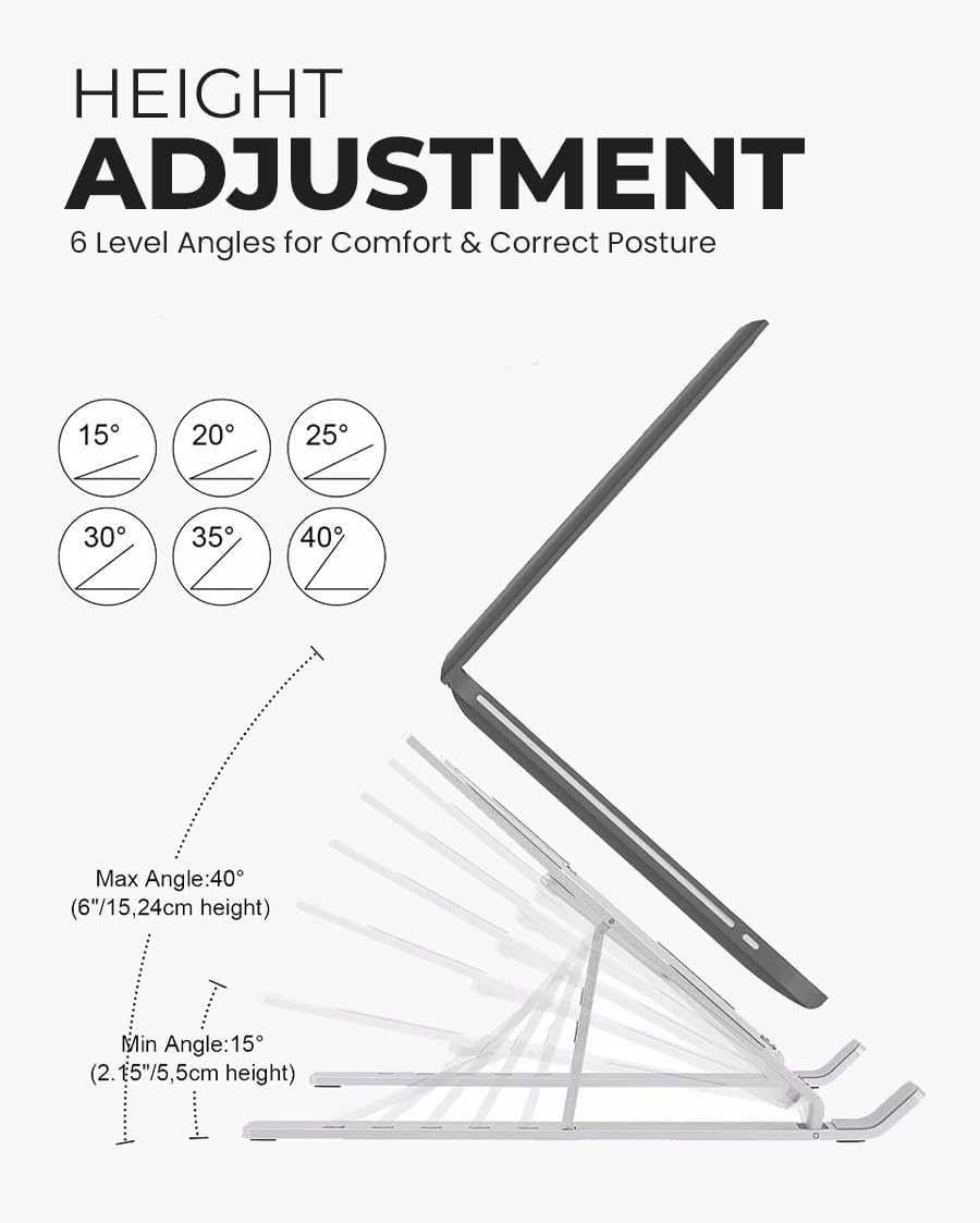 6M Supporto per laptop regolabile per scrivania, supporto per laptop pieghevole in alluminio, supporto per laptop in piedi, compatibile con MacBook/tutti i laptop e tablet fino a 17,3 pollici